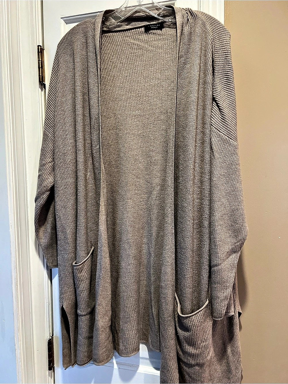 Tahari Long Open Front Cardigan in Brown